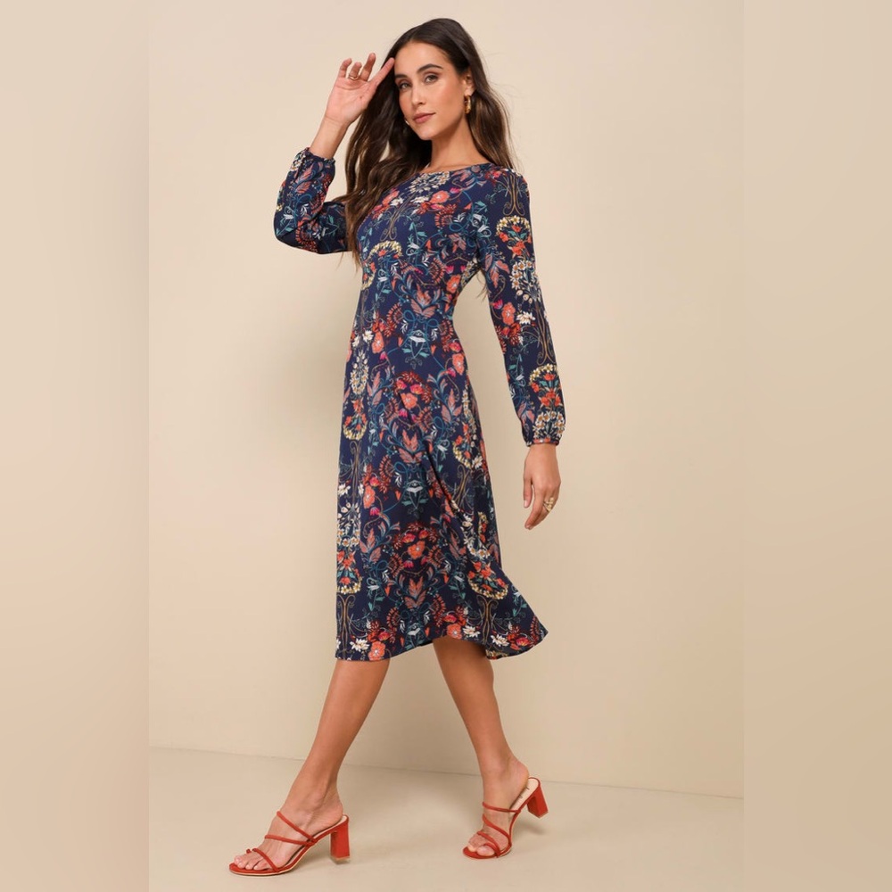 Lulus Garden Splendor Navy Blue Floral Print Long Sleeve Midi Dress